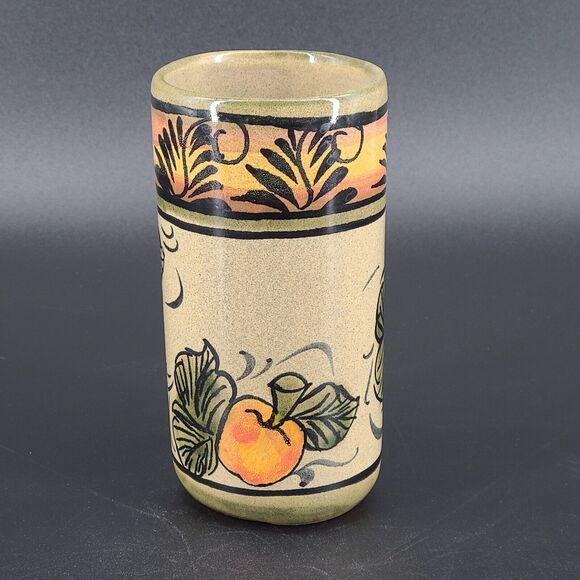 Vintage Mexican Folk Art Pottery Green Peach Tumbler Vase - Picture 1 of 6